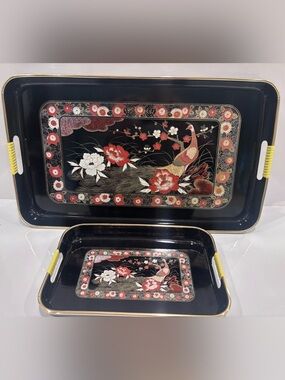 VINTAGE JAPANESE BLACK LACQUER TRAY Set Of 2 Peacock/flower GOLD BROWN SPARKLE